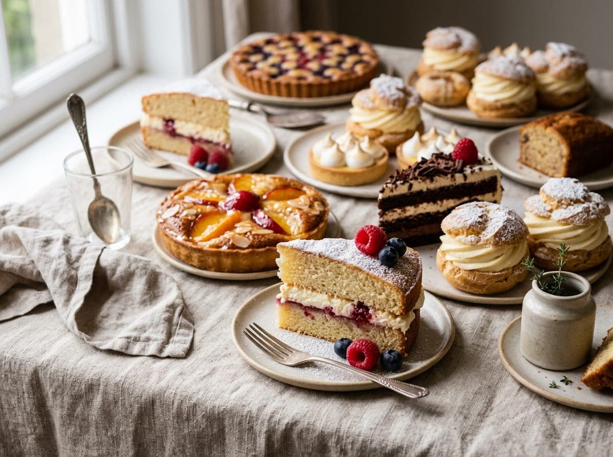 A flat-lay arrangement of fresh-baked cakes, tarts, and pastries displaying textures, glazes, and toppings in warm bakery tones.