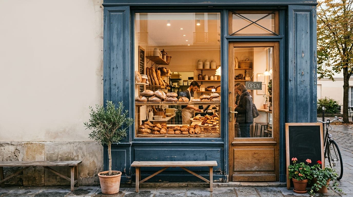 A neighborhood bakery storefront with a warm-lit interior, display cases visible through the window, and welcoming entrance.